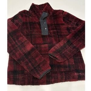 Eddie Bauer Womens Plaid Fleece Snap Neck Pullover Top Burgundy Black M